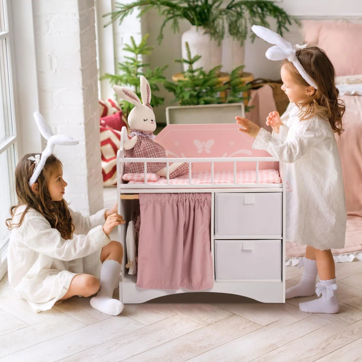 ROBUD Wooden Baby Doll Bed Prentend Playset with Storage and Bedding Sturdy for 18 Inch Dolls Baby Doll Cribs Nice Gift for Kids