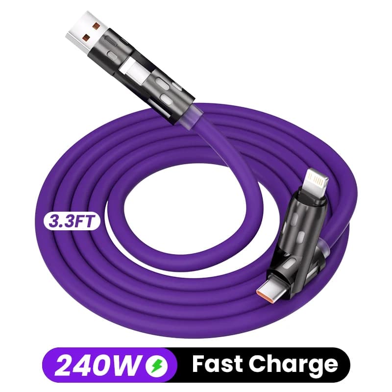 1M/3.3FT 240W 4-in-1 PD 5A Fast Charging With USB A, Type-C, Lightning Ultra Soft Silicone Data Cable, Compatible With For IPhone 17/16/15/ 14/13, For IPad Pro, For Samsung, And For Laptops, Multi-Device Compatible