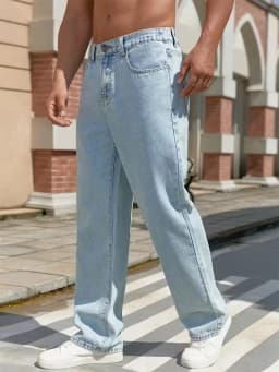 Light Blue Men's Casual Straight-leg Jeans, Non-stretch Fabric, Regular Length, All-season Comfort, |easy Jeans|comfortable Jeans|washed Jeans|suitable for Travel