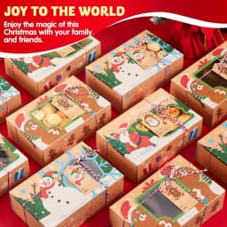 24 PCS Christmas Cookie Gift Baking Box 8.75"x 5.75"x 2.75"with Window Auto-Popup Xmas Holiday Treat Boxes Containers with Tags for Party Favor Pastries, Cupcake, Brownies, Donut Gift-Giving, Box Packs