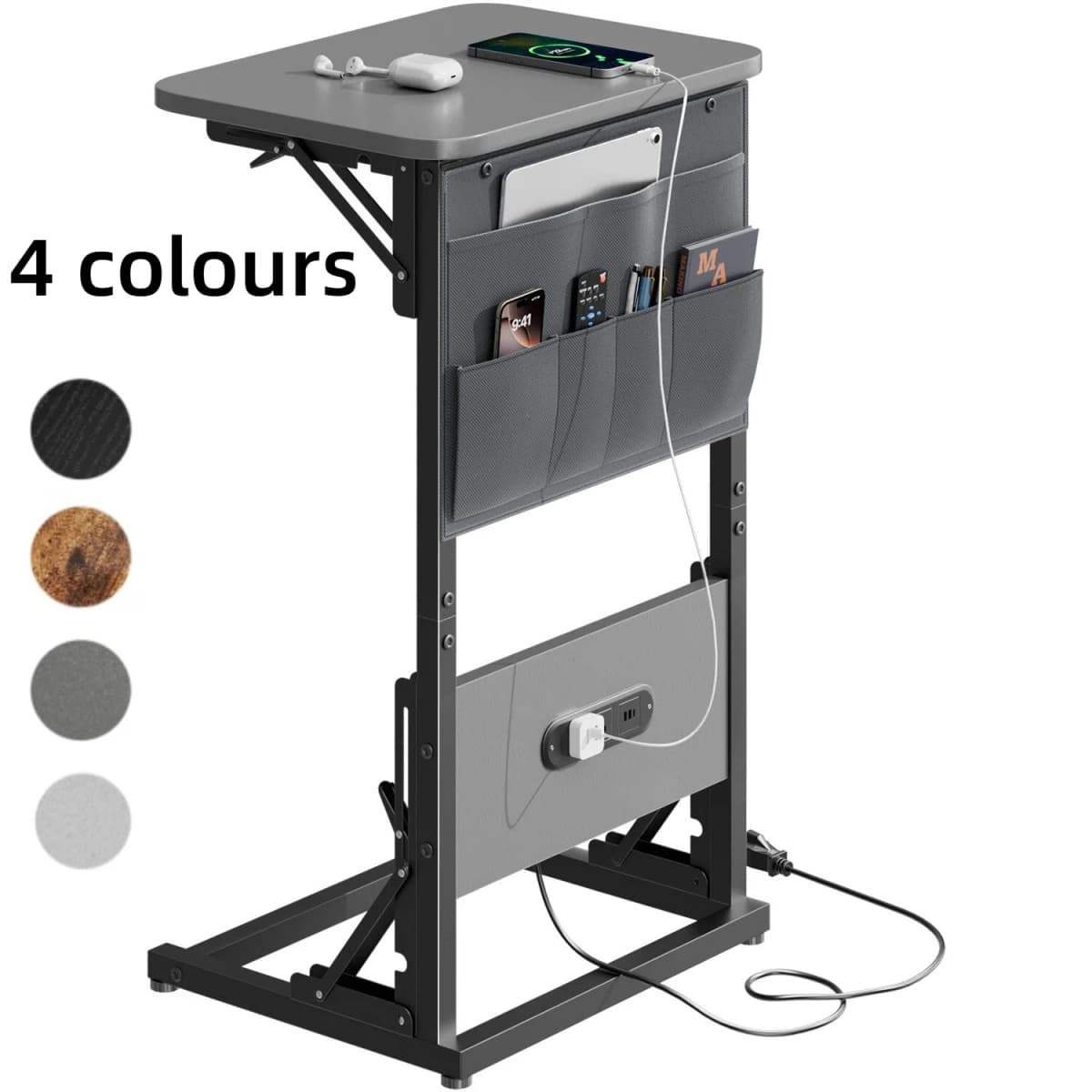 Height Adjustable C Shaped End Table with Charging Station Foldable Couch Side Table with Storage Bag 2 AC Outlets 2 USB Ports for Bedroom Living Room