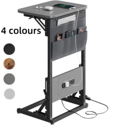 Height Adjustable C Shaped End Table with Charging Station Foldable Couch Side Table with Storage Bag 2 AC Outlets 2 USB Ports for Bedroom Living Room