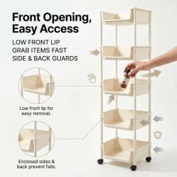 5-Tier Plastic Rolling Utility Cart Mobile Storage Organizer Basket with Wheels Open-Front Shelving Unit for Kitchen Bathroom Living Room Bedroom Toy Organization Space Saving Rack