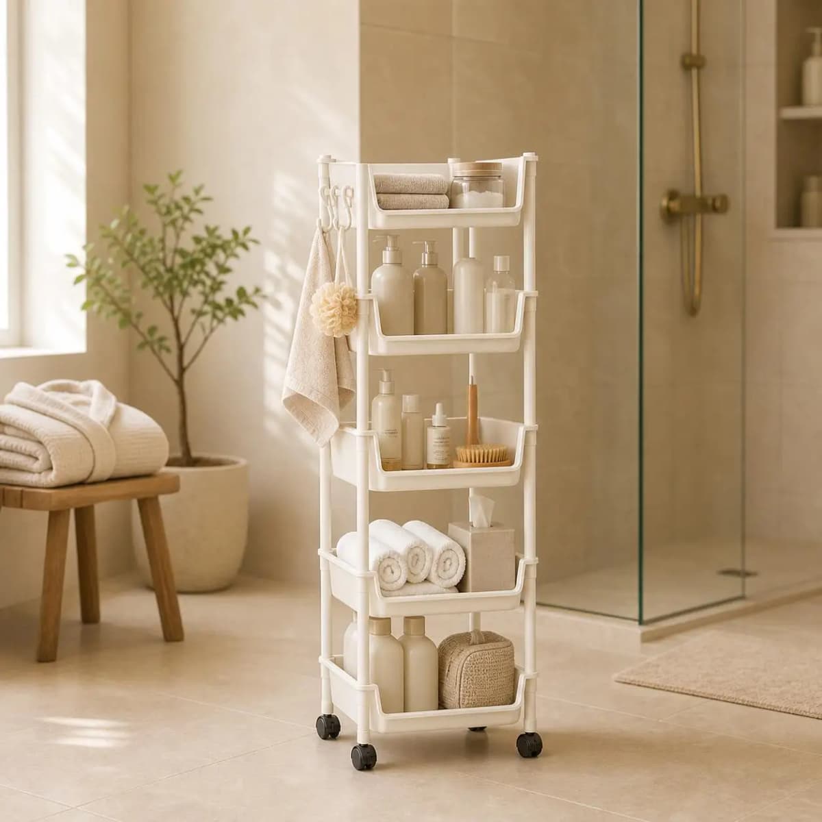 5-Tier Plastic Rolling Utility Cart Mobile Storage Organizer Basket with Wheels Open-Front Shelving Unit for Kitchen Bathroom Living Room Bedroom Toy Organization Space Saving Rack