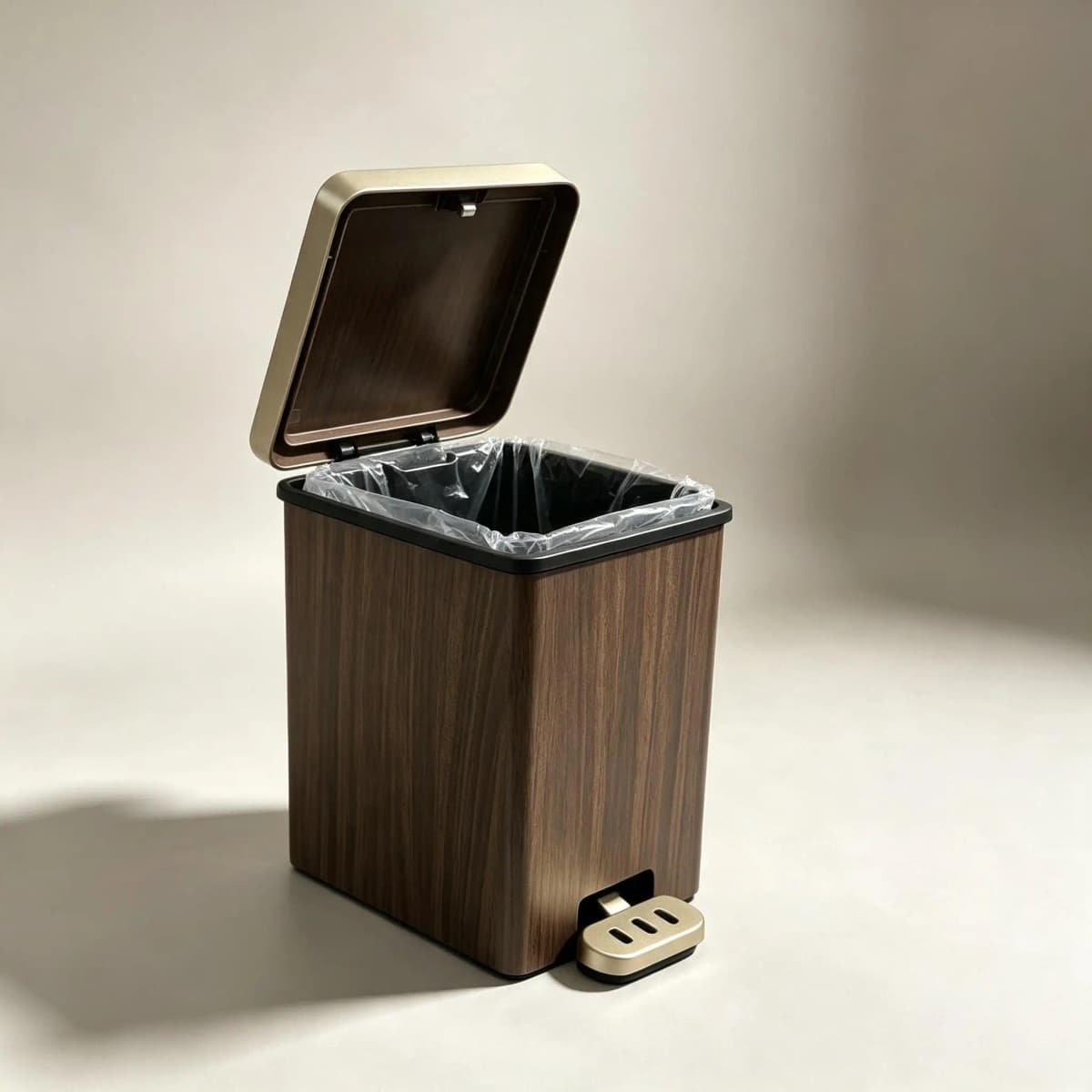 Wood Grain Square Pedal Trash Can, Plastic Step‑On Garbage Bin with Removable Inner Bucket, Odor‑Proof Lidded Waste Bin with Gold Accent for Bathroom Kitchen Bedroom Office Home