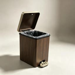 Wood Grain Square Pedal Trash Can, Plastic Step‑On Garbage Bin with Removable Inner Bucket, Odor‑Proof Lidded Waste Bin with Gold Accent for Bathroom Kitchen Bedroom Office Home