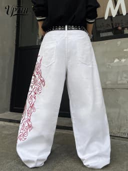 Men's Baggy Wide Leg White Jeans, Y2K Tribal Totem Embroidery Denim Pants, Loose Fit Hip Hop Streetwear Casual Trousers for Men