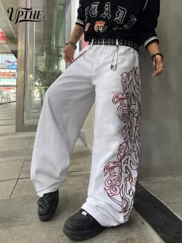 Men's Baggy Wide Leg White Jeans, Y2K Tribal Totem Embroidery Denim Pants, Loose Fit Hip Hop Streetwear Casual Trousers for Men