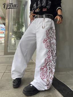 Men's Baggy Wide Leg White Jeans, Y2K Tribal Totem Embroidery Denim Pants, Loose Fit Hip Hop Streetwear Casual Trousers for Men