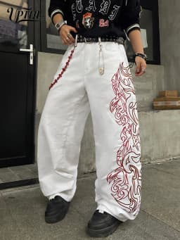 Men's Baggy Wide Leg White Jeans, Y2K Tribal Totem Embroidery Denim Pants, Loose Fit Hip Hop Streetwear Casual Trousers for Men