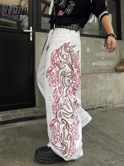 Men's Baggy Wide Leg White Jeans, Y2K Tribal Totem Embroidery Denim Pants, Loose Fit Hip Hop Streetwear Casual Trousers for Men