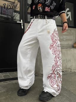 Men's Baggy Wide Leg White Jeans, Y2K Tribal Totem Embroidery Denim Pants, Loose Fit Hip Hop Streetwear Casual Trousers for Men