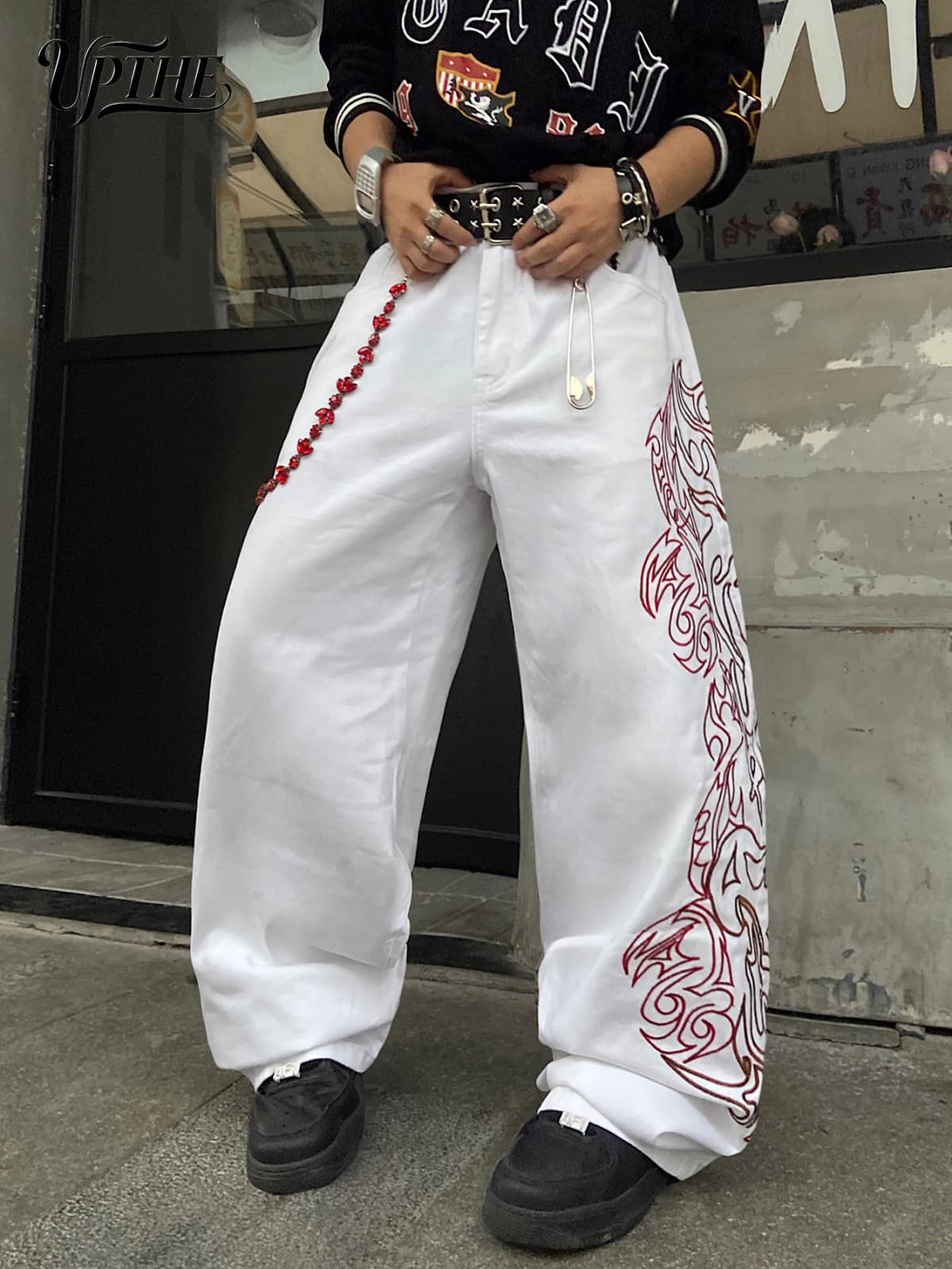 Men's Baggy Wide Leg White Jeans, Y2K Tribal Totem Embroidery Denim Pants, Loose Fit Hip Hop Streetwear Casual Trousers for Men