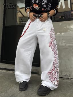 Men's Baggy Wide Leg White Jeans, Y2K Tribal Totem Embroidery Denim Pants, Loose Fit Hip Hop Streetwear Casual Trousers for Men