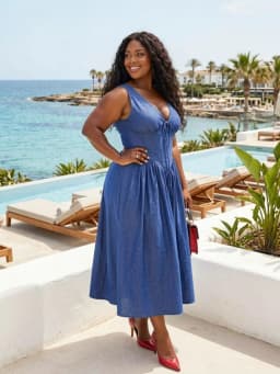 Plus Size Deep V Neck Sleeveless Corset Waist Midi Dress For Women Daily Holiday Street Going Out A Line Swing Dress