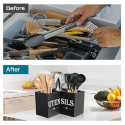 Wooden Cooking Utensils Holder 3 Section Kitchen Counter Display