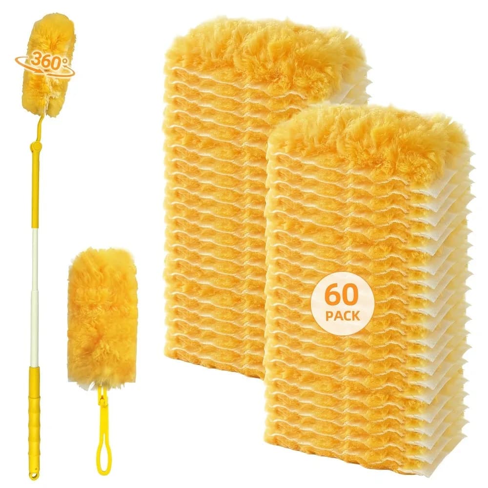 Heavy Duty Duster Refills, Disposable Dusters Kit for Cleaning Dusting Furniture Blind Ceiling Fan, Multi Surface 360 Feather Duster(60)+3FT Extended Handle +1 Handle