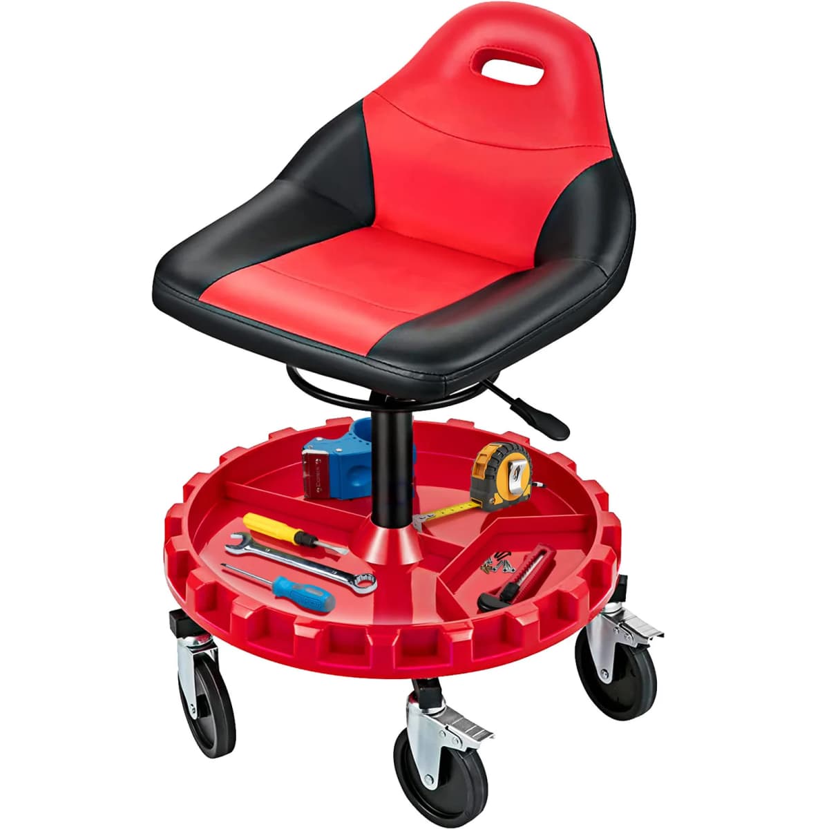 SucceBuy Rolling Garage Stool 300LBS Capacity 21"-26" Adjustable Height Range Mechanic Seat with Swivel Casters and Tool Tray