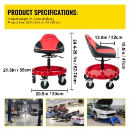 SucceBuy Rolling Garage Stool 300LBS Capacity 21"-26" Adjustable Height Range Mechanic Seat with Swivel Casters and Tool Tray