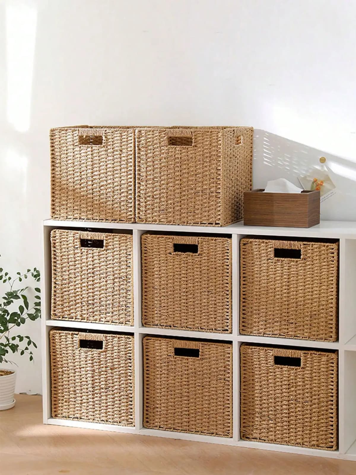 Haus Hana Handwoven Khaki Foldable Storage Boxes – Closet Organizers For Clothes & Toys, Cube Shelf Bins, Living Room Storage Containers, Bedroom Dresser Tubs, Entryway Catchalls | Multipurpose Household Clutter Organizers