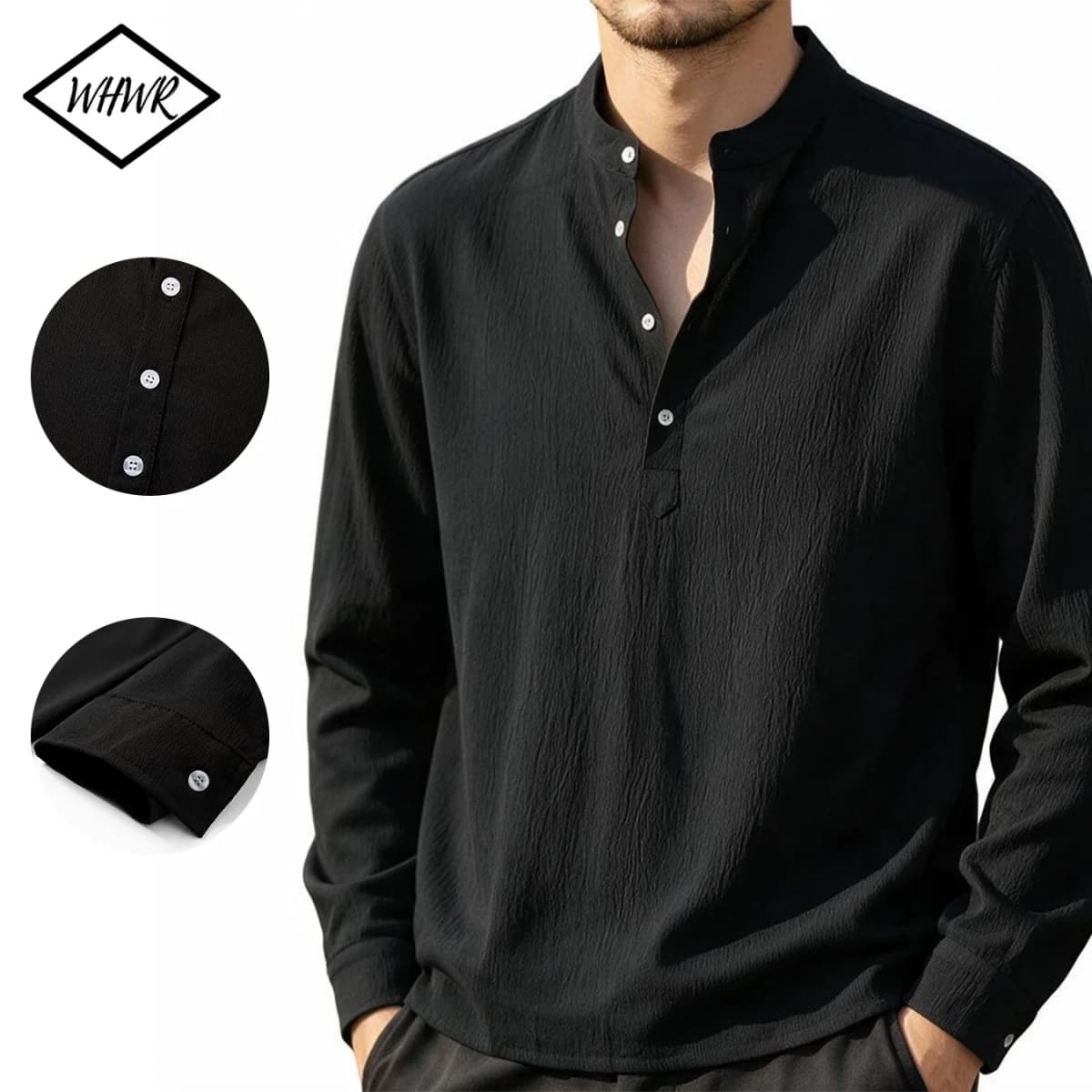 Men Stand Collar Henley Shirt Office Casual Stand Collar Shirt Roll‑up Sleeve Men Button Shirt Daily Business Henley Blouse