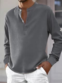 Men Stand Collar Henley Shirt Office Casual Stand Collar Shirt Roll‑up Sleeve Men Button Shirt Daily Business Henley Blouse
