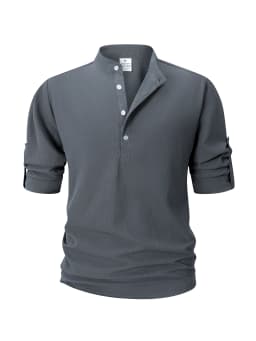 Men Stand Collar Henley Shirt Office Casual Stand Collar Shirt Roll‑up Sleeve Men Button Shirt Daily Business Henley Blouse