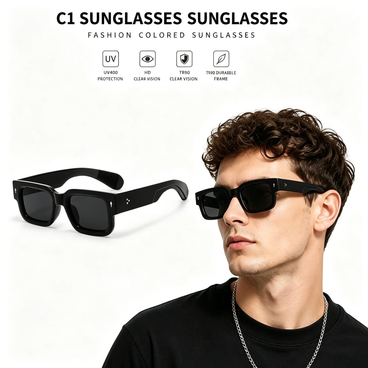 Thick Square Frame Sunglasses UV400 Protection Men Women Retro Black Shades 100% UVA UVB Blocking Eyewear For Beach Travel Street Fashion
