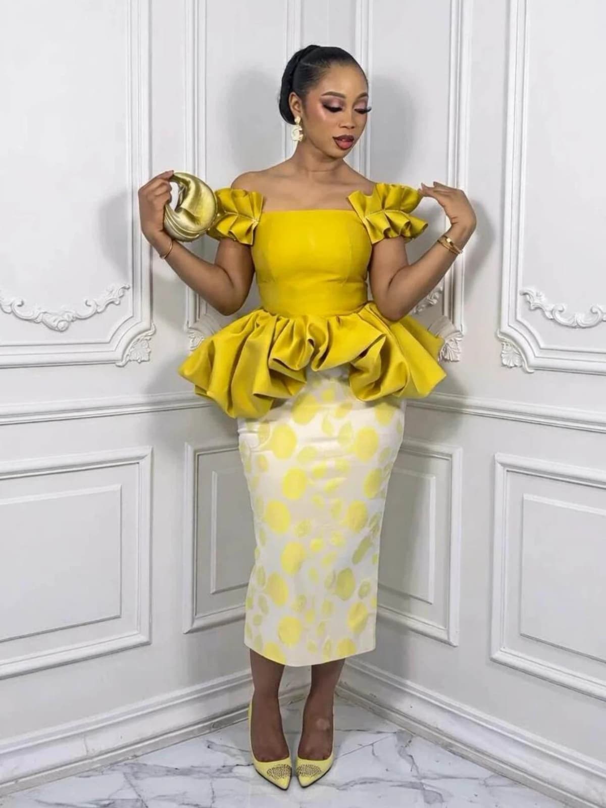 Women Off Shoulder Ruffle Sleeve Polka Dot Midi Dress Peplum Waist Bodycon Pencil Dress For Formal Evening Party Occasion