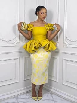 Women Off Shoulder Ruffle Sleeve Polka Dot Midi Dress Peplum Waist Bodycon Pencil Dress For Formal Evening Party Occasion