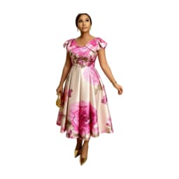 Women Cap Sleeve Floral Print Midi Dress Elegant Pleated Swing Dress For Evening Party Formal Occasion Slim Fit
