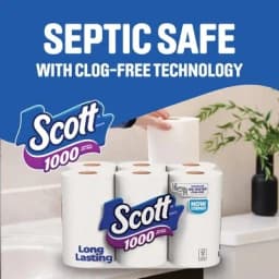 Toilet Paper 1-Ply, 4 Rolls, 1000 Sheets Per Roll, Septic-Safe Clog-Free Bath Tissue for Low-Flow Toilets