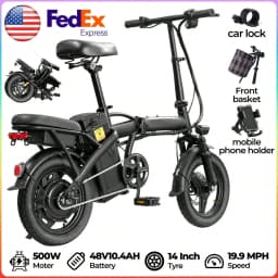 500W Peak Foldable Electric Bicycle 48V 10.4AH Lithium Battery 23MPH Max Speed Dual Disc Brake Front‑Rear Light Adult Folding Ebike for Travel
