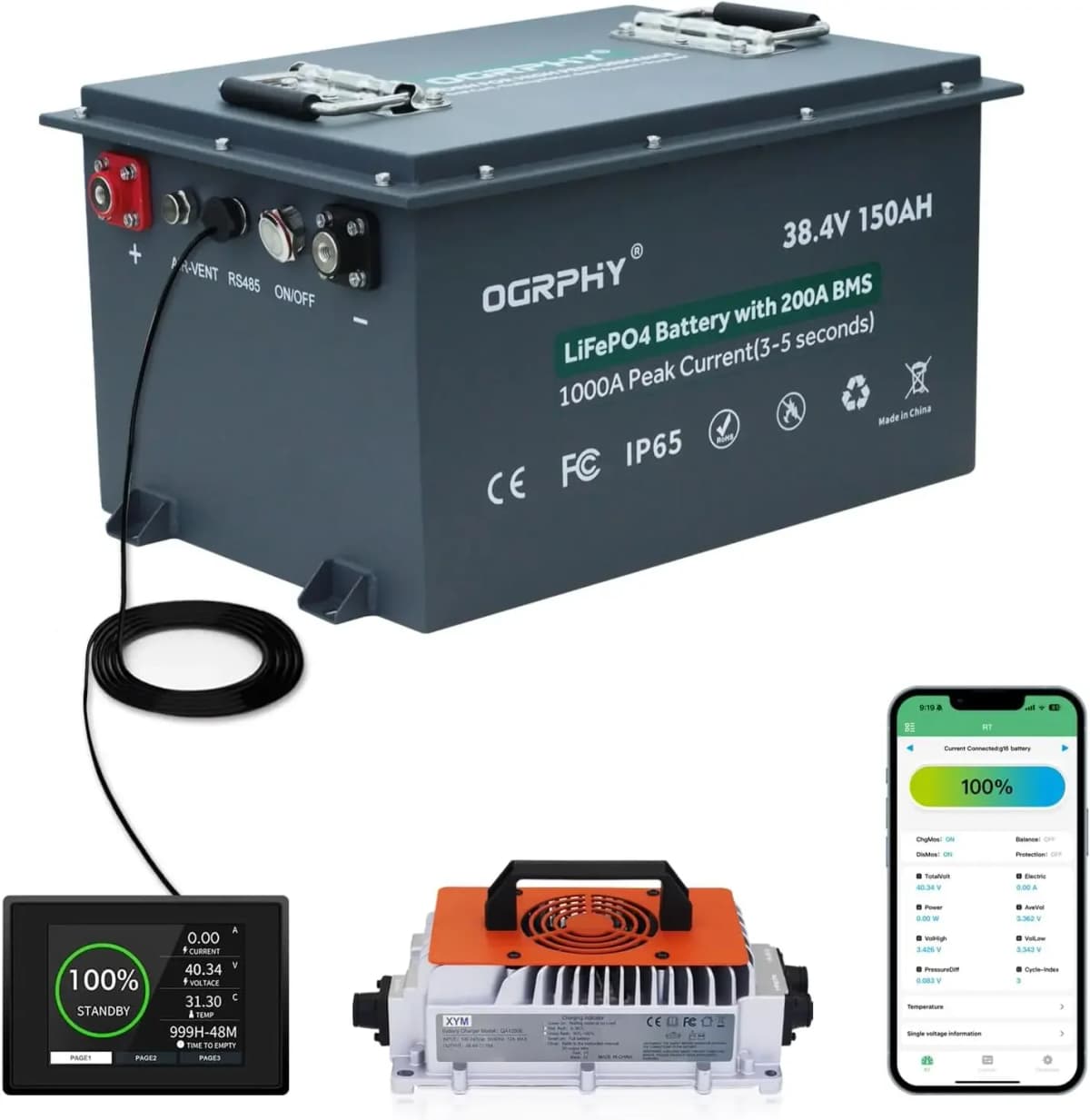 OGRPHY 36V Lithium Golf Cart Battery, Built in Smart 200A BMS(1000A Peak Current), with Charger, Touch Monitor & Mobile APP, 4000+ Cycles Max 7.68kW Output, 70 Miles Range for Golf Cart