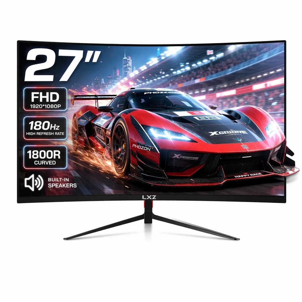 LXZ 27 inch Curved Gaming Monitor, 180Hz Monitor FHD 1080P, Built-in Speaker, Frameless 1800R Computer Display with FreeSync Technology, Wall Mountable, Christmas Gifts for Men and Women, Advent Gifts, Gaming Accessories