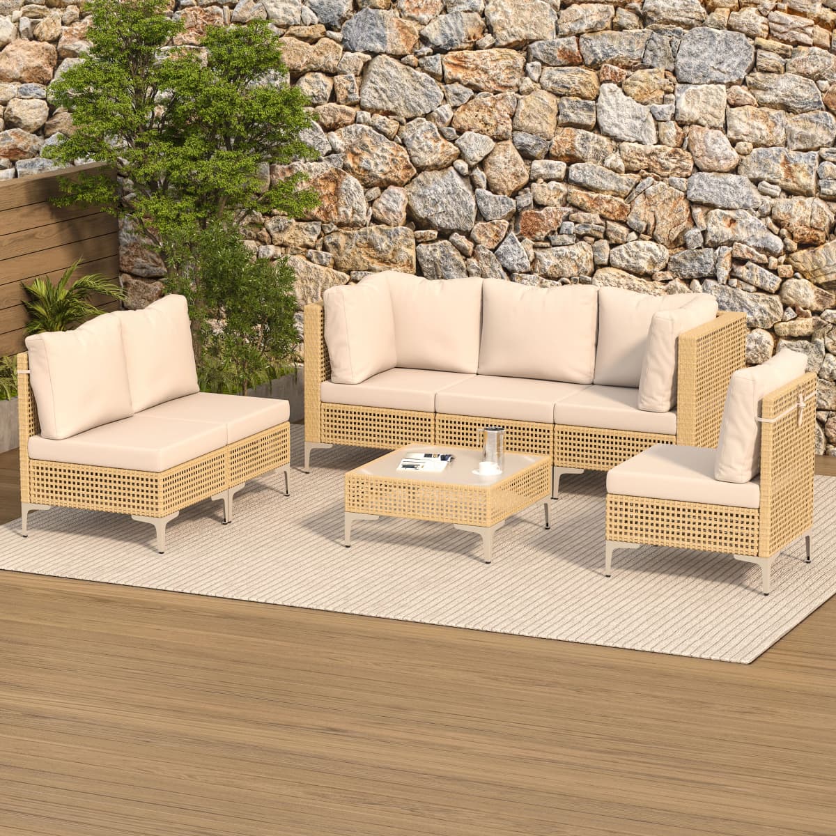 Boho Outdoor Patio Furniture Set with Non-Slip Cushions - 7 Piece