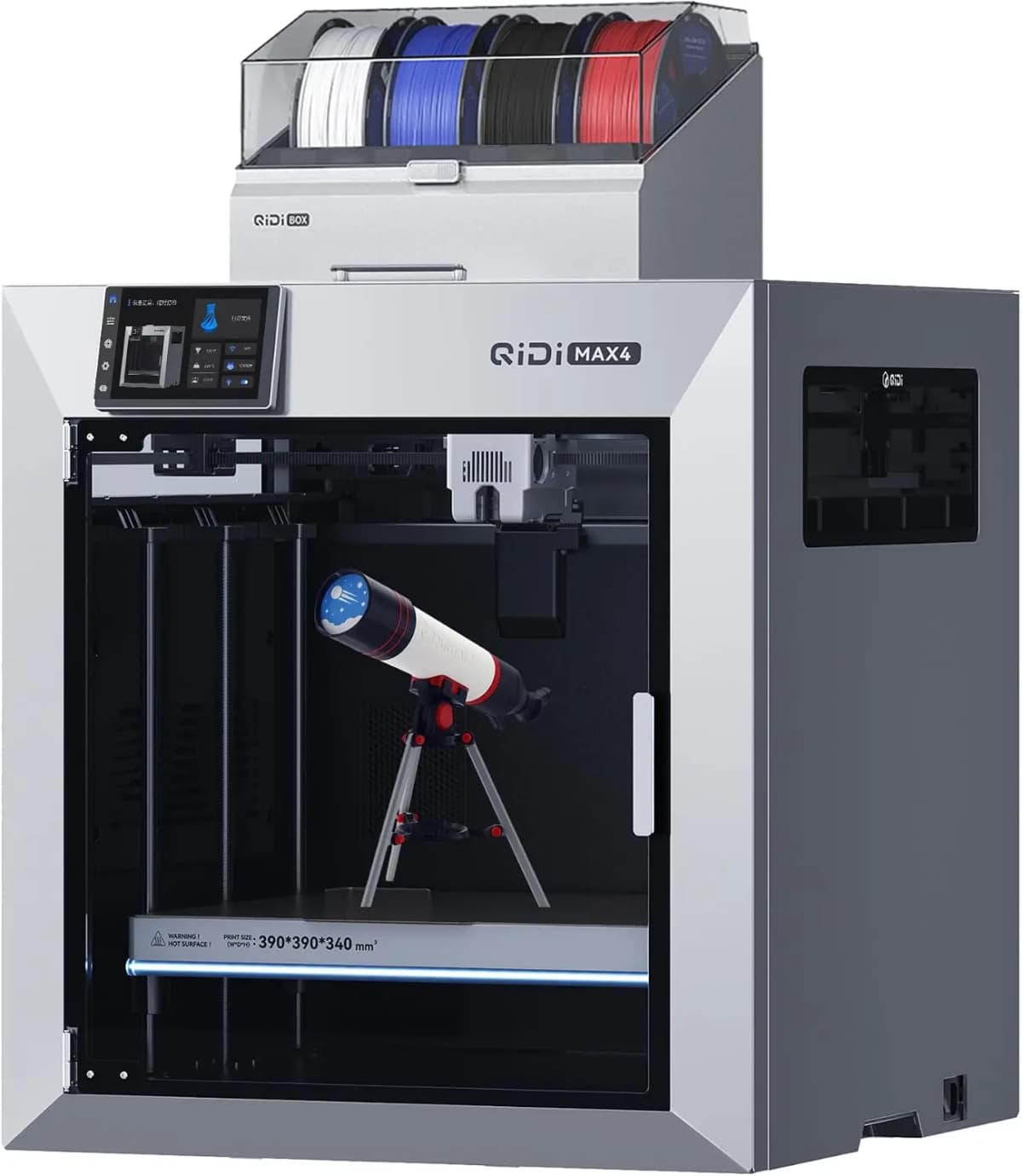 QIDI Max4 Combo 3D Printer, 390×390×340mm Build Volume, 65℃ Heated Chamber | 370℃ Nozzle, Dual Z Lead Screws, Max 800mm/s High Speed, Auto-leveling, AI Camera, Polar Cooler Optional, Multi-materials