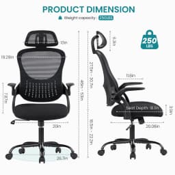 JHK Mesh Flip-up Arms Computer Desk Chair Ergonomic Office Chair with Lumbar Support Adjustable Headrests High-Back Rolling Work Office Chair For Home Office