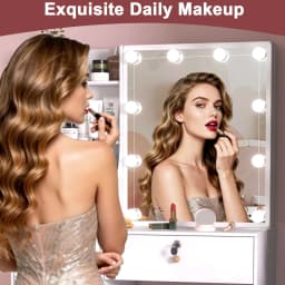 Makeup Vanity Desk Set with Mirror & Cushioned Stool, 10 LED Hollywood Lights Dressing Table, 6 Drawers Large Storage Bedroom Vanity Table for Women Cosmetic Makeup Station
