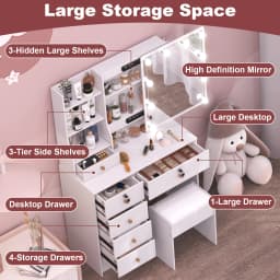 Makeup Vanity Desk Set with Mirror & Cushioned Stool, 10 LED Hollywood Lights Dressing Table, 6 Drawers Large Storage Bedroom Vanity Table for Women Cosmetic Makeup Station