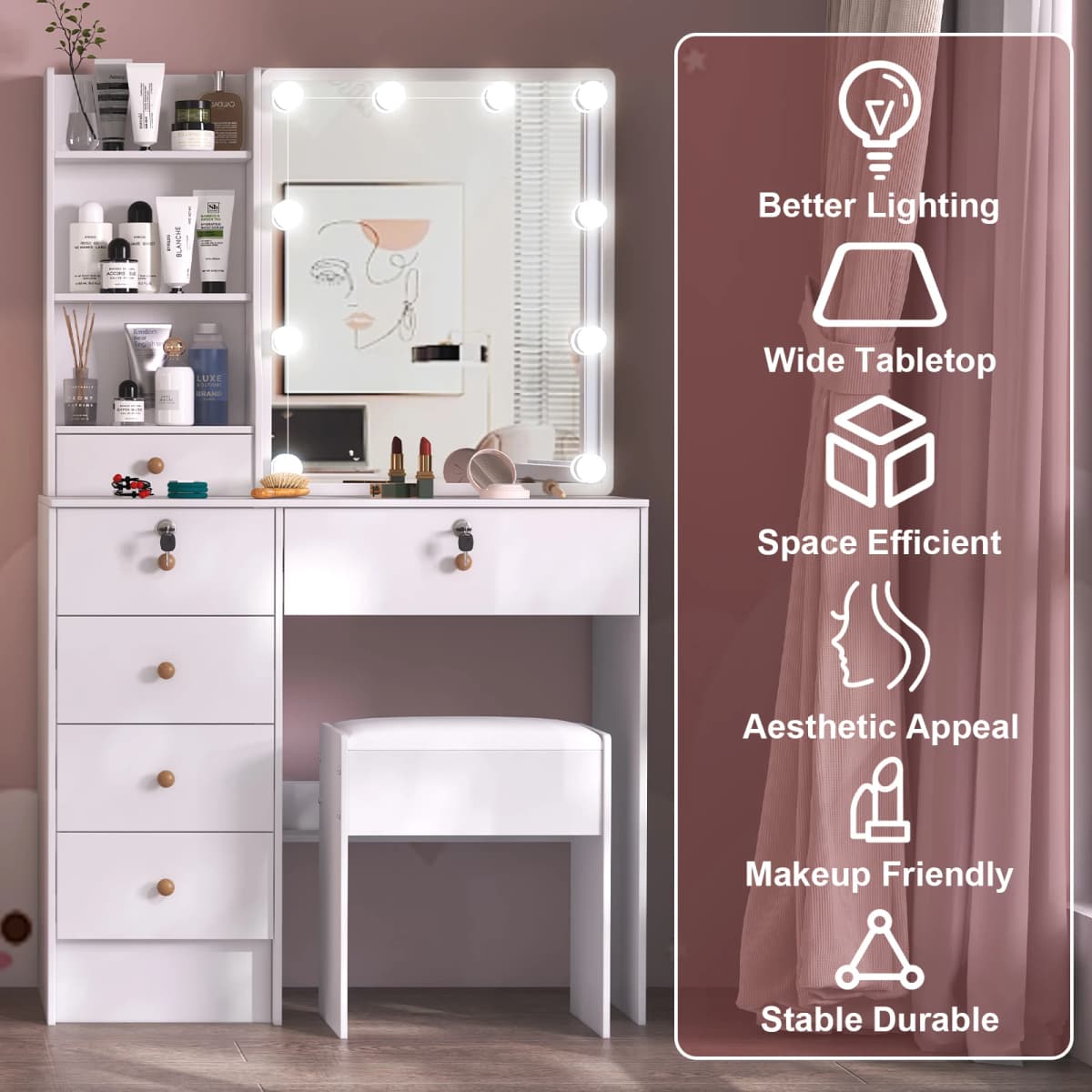 Makeup Vanity Desk Set with Mirror & Cushioned Stool, 10 LED Hollywood Lights Dressing Table, 6 Drawers Large Storage Bedroom Vanity Table for Women Cosmetic Makeup Station