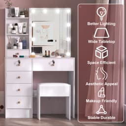 Makeup Vanity Desk Set with Mirror & Cushioned Stool, 10 LED Hollywood Lights Dressing Table, 6 Drawers Large Storage Bedroom Vanity Table for Women Cosmetic Makeup Station