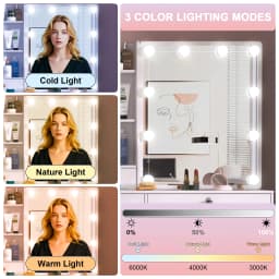 Makeup Vanity Desk Set with Mirror & Cushioned Stool, 10 LED Hollywood Lights Dressing Table, 6 Drawers Large Storage Bedroom Vanity Table for Women Cosmetic Makeup Station