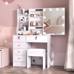 Makeup Vanity Desk Set with Mirror & Cushioned Stool, 10 LED Hollywood Lights Dressing Table, 6 Drawers Large Storage Bedroom Vanity Table for Women Cosmetic Makeup Station