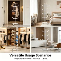 Freestanding Hat Rack with 10 Spherical Hooks, Rollable Coat and Hat Stand with 4 Wheels & Brakes, 66 lbs Capacity for Entryway Bedroom Clothing Store, White