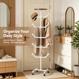 Freestanding Hat Rack with 10 Spherical Hooks, Rollable Coat and Hat Stand with 4 Wheels & Brakes, 66 lbs Capacity for Entryway Bedroom Clothing Store, White