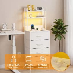 Tomnk Tall Nightstand With Charging Station, 47.4 Inch Led Night Stand With U-S-B Port & Socket, 4 PU Finished Fabric Storage Drawers, Office, Bed Side Table & Bookshelf In One, White