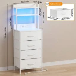 Tomnk Tall Nightstand With Charging Station, 47.4 Inch Led Night Stand With U-S-B Port & Socket, 4 PU Finished Fabric Storage Drawers, Office, Bed Side Table & Bookshelf In One, White