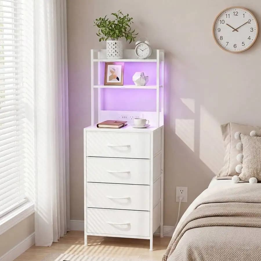 Tomnk Tall Nightstand With Charging Station, 47.4 Inch Led Night Stand With U-S-B Port & Socket, 4 PU Finished Fabric Storage Drawers, Office, Bed Side Table & Bookshelf In One, White