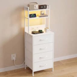 Tomnk Tall Nightstand With Charging Station, 47.4 Inch Led Night Stand With U-S-B Port & Socket, 4 PU Finished Fabric Storage Drawers, Office, Bed Side Table & Bookshelf In One, White